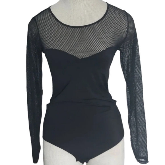 SECRET POSSESSIONS black bodysuit MESH top snap crotch mild stretch ACADEMIA  M - Picture 1 of 2